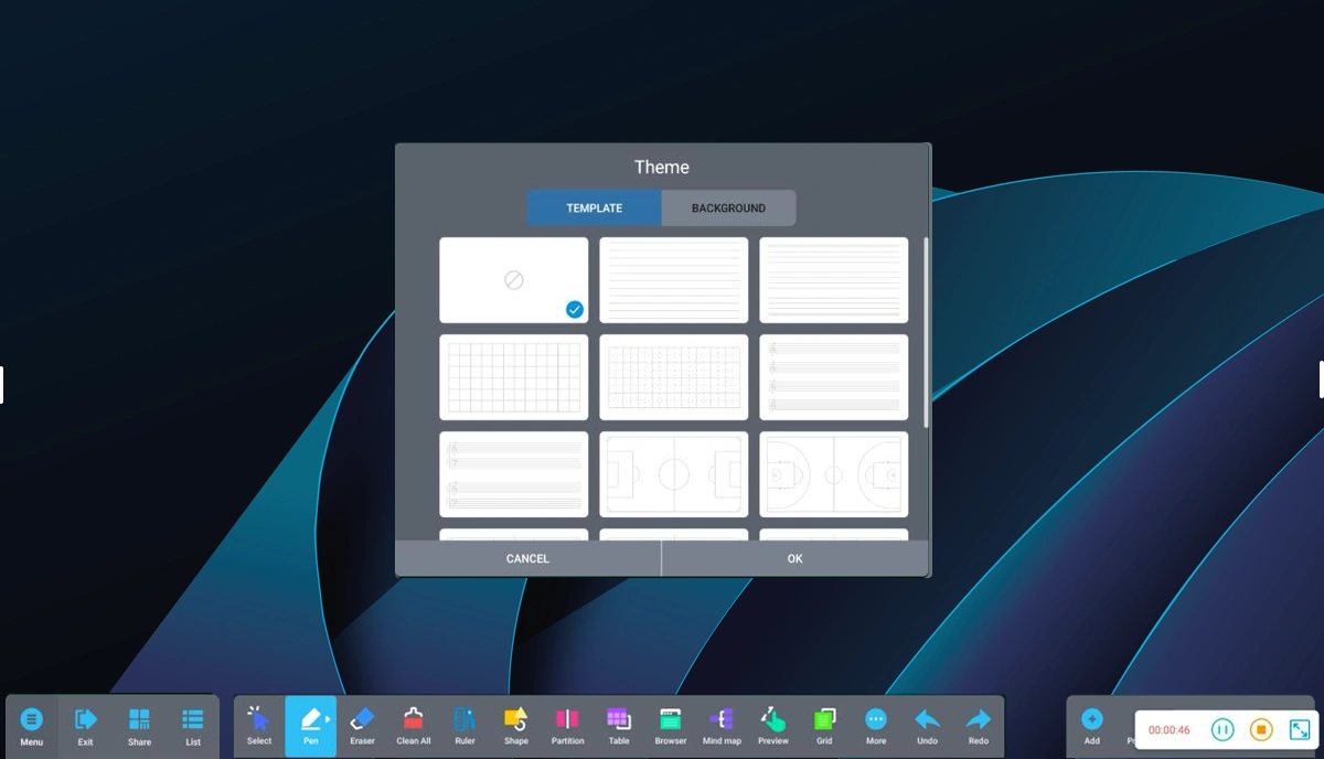 Customizable templates and background designs on interactive whiteboard