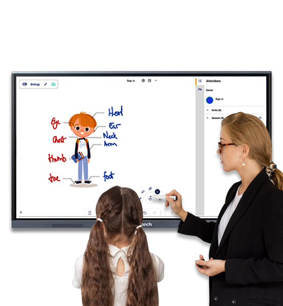 Students learning through interactive flat panel smart classroom technology