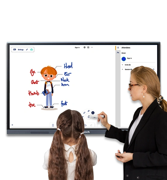 Students using interactive flat panel in smart classroom for digital learning in India