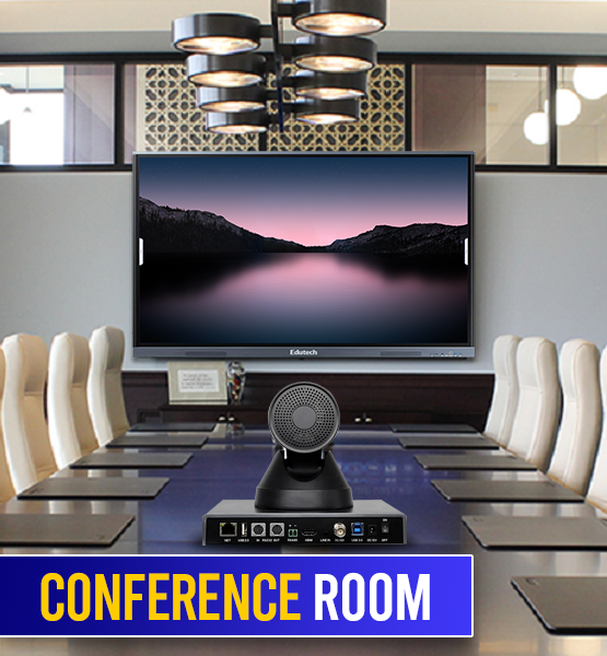 Modern conference room setup with video conferencing and AV equipment