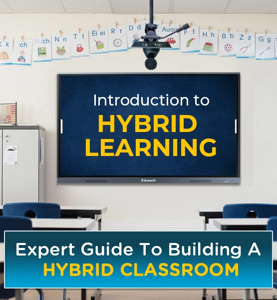 Hybrid classroom setup with smart board and video conferencing system