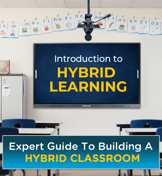 Hybrid classroom setup with smart board and video conferencing system