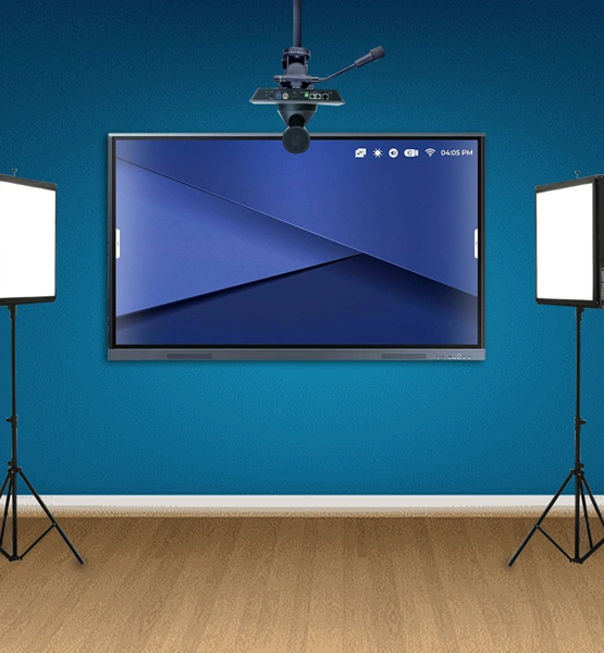 Virtual classroom studio setup with wireless microphone and display panel